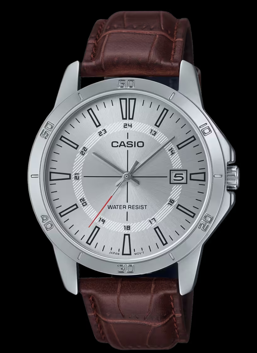 Casio Silver Dial Brown Leather Strap Analog Quartz Men's Watch